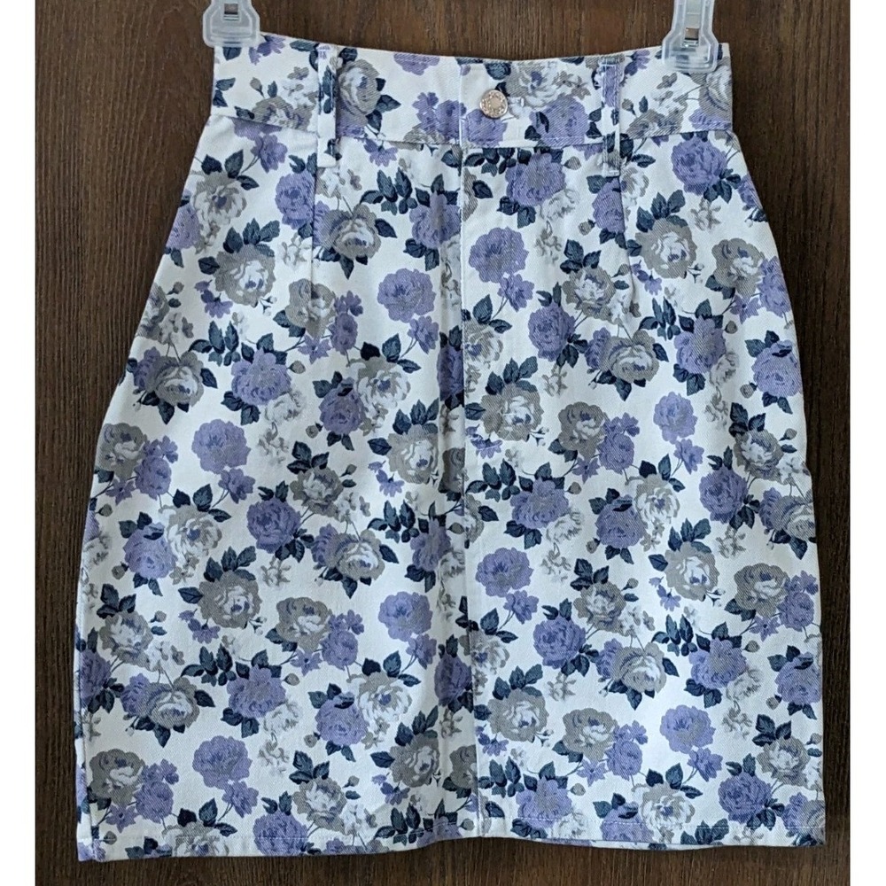 Vtg Floral White Denim Mini Skirt 1980s Kayo USA Women's 5 READ Periwinkle